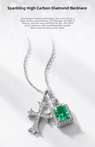 Detailed close-up of S925 silver necklace with emerald-cut green stone and cross pendant