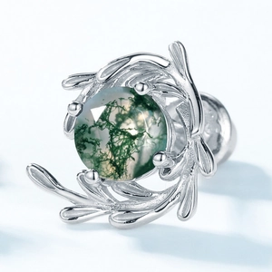 S925 sterling silver moss agate stud earring featuring a natural vine-inspired design