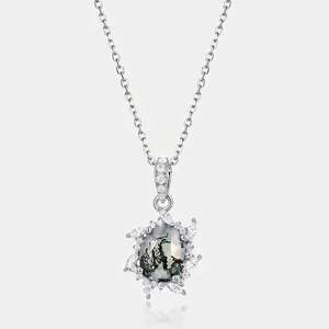 S925 Sterling Silver Moss Agate Pendant Necklace For Women Vintage Sunflower Design Green Agate Inlaid Rhinestone Jewelry