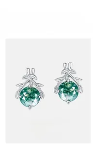 Detailed close-up of green moss agate earrings with silver leaf design and mossy patterns