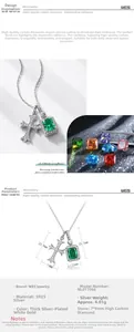 Detailed view of S925 silver emerald cut pendant with cross design and 7x9mm lab diamond