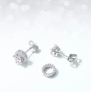 Macro detail of S925 silver moissanite earrings with detachable halo DIY design