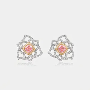S925 Sterling Silver Post Hexagon Flower Stud Earrings Pink Rhinestone Inlaid Double Tone Jewelry Anniversary Gift Women