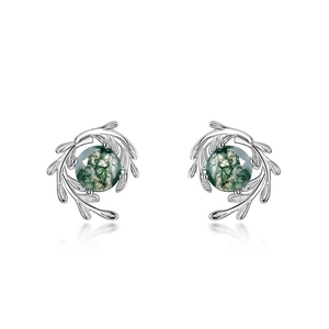 S925 silver stud earrings featuring green moss agate stones with natural vine leaf accents