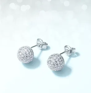 Detailed view of S925 sterling silver ball stud earrings featuring micro-pave cubic zirconia