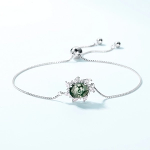 S925 sterling silver moss agate bracelet with sparkling marquise cut zircons