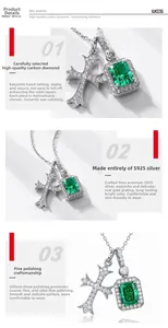 Macro detail of S925 silver cross pendant with emerald-cut green gemstone and high carbon diamonds