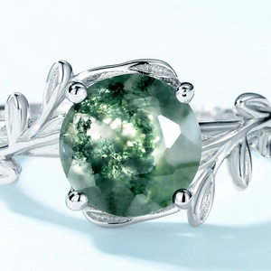 Eleganter S925 Silberring mit Moosachat Stein und natürlichem Blattzweig Design