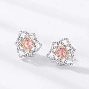 S925 silver hexagonal flower stud earrings with pink gemstone and white pavé accents