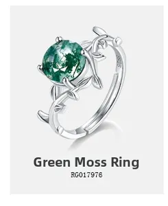 Close-up of S925 sterling silver ring showing natural green moss agate and vine details