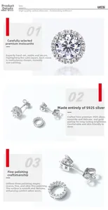 Detail of S925 sterling silver moissanite earrings with halo setting and polished finish