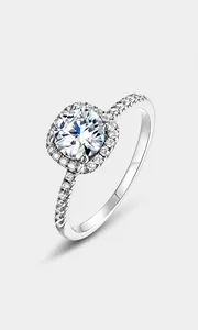 Detailed view of S925 sterling silver ring with 1ct moissanite halo and paved band