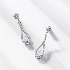 Elegant S925 sterling silver long drop earrings with pear-shaped moissanite stones