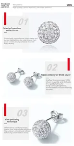 Detailed view of S925 silver stud earrings with pavé set white zircon sphere design