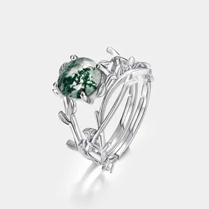 925 Sterling Silver Moss Agate Ring Set Adjustable Branch Leaf Stackable Natural Stone Zirconia Inlaid Jewelry For Women