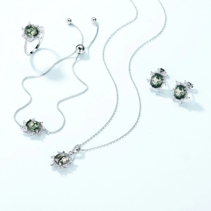 Elegant S925 silver jewelry set with green moss agate sun flower pendant and rings