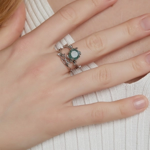 S925 silver green moss agate ring set with unique nature inspired vine branch design