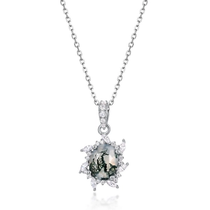S925 silver sunflower pendant necklace with green moss agate and marquise zircons