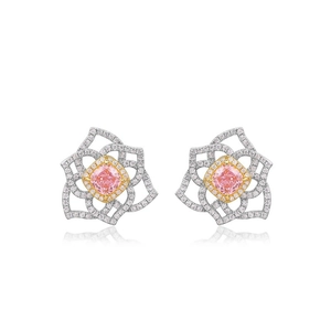 S925 silver hexagonal flower stud earrings with cushion-cut pink gemstone and pavé diamonds