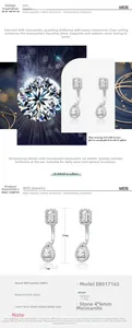 Vue détaillée de boucles d'oreilles en argent S925 avec moissanite poire et dimensions