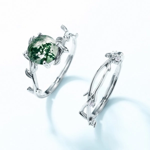 Unique S925 silver moss agate ring set with natural branch and leaf design elements
