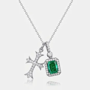 925 Sterling Silver Green Zirconia Cross Pendant Necklace Vintage Hip Hop Clavicle Chain Emerald Cut Jewelry For Women