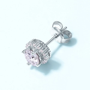 S925 silver moissanite stud earrings with pink gemstone and halo side stones