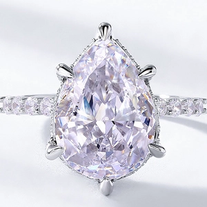 Elegant pear-cut high carbon diamond S925 silver ring with sparkling side stones
