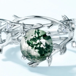 Unique S925 silver ring featuring round moss agate and delicate forest branch design