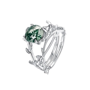 Handcrafted S925 silver ring with green moss agate in a branch-style vine design