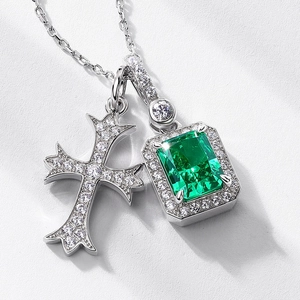 S925 silver emerald cut green gemstone necklace with pavé diamond cross pendant