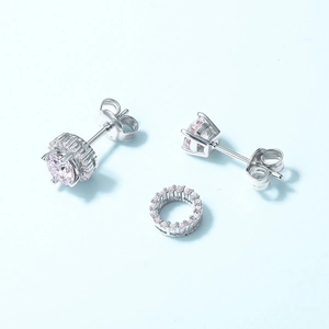 Elegant S925 sterling silver moissanite earrings with pink main stone and halo jacket