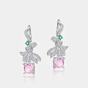 Boucles d'Oreilles Pendantes Nœud en Argent Sterling 925 Luxe pour Femmes Zirconia Rose Taille Coussin Pierre Verte Incrustée