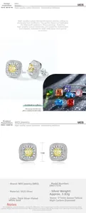 Macro de boucles d'oreilles carrées de 11mm avec diamant jaune et argent S925 poli