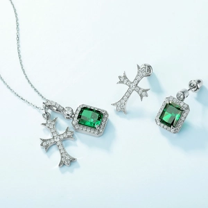S925 silver emerald pendant cross necklace set with matching stud earrings for women