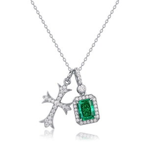 S925 silver necklace with emerald cut green pendant and iced-out gothic cross