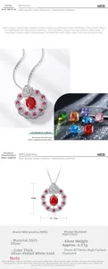Detail of S925 silver floral pendant necklace featuring red carbon diamond and micro pave