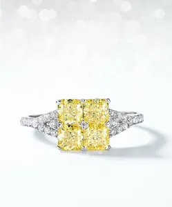 Vue macro d'une bague en argent S925 avec diamants jaunes à haute teneur en carbone et pavé