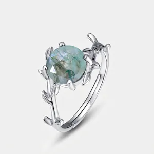 S925 Sterling Silver Moss Agate Ring For Women Vintage Natural Twig Leaf Open Adjustable Ring Green Gemstone Hand Jewelry