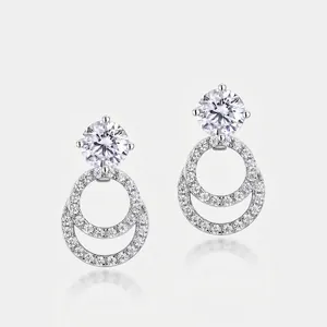 S925 Sterling Silver Moissanite Double Circle Drop Earrings For Women Geometric Round Moissanite Dangle Earrings With GRA Certificate