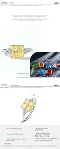 Macro de la bague en argent S925 avec diamant jaune à haute teneur en carbone de 4x4mm
