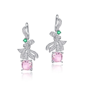 Boucles d'oreilles nœud en argent S925 avec pierres vertes et gemmes roses taille coussin
