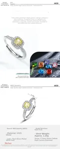 Détail macro d'une bague en argent S925 avec diamant jaune taille coussin de 5mm et pavage