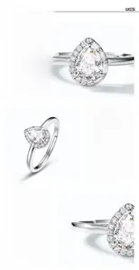 Close-up of S925 silver pear-cut moissanite ring with hand-set pavé halo details