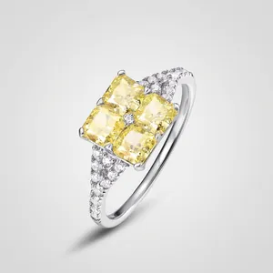Bague de Luxe en Argent Sterling 925 avec Strass Jaune pour Femmes Taille Fleur de Glace Pierre Carrée Bijoux de Doigt Élégants