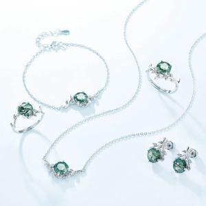 Moss agate jewelry set featuring leafy vine design on a rippled blue background