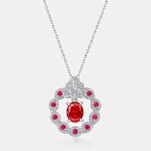 Luxury 925 Sterling Silver Oval Red Zirconia Flower Pendant Only Elegant Necklace Jewelry For Women Wedding Anniversary Gift