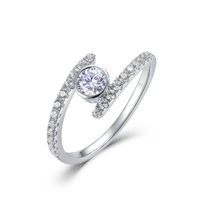 Sparkling S925 sterling silver moissanite ring featuring a criss-cross band with pavé stones