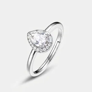 Pear Shaped Moissanite Adjustable Ring S925 Sterling Silver With Zircon Halo Fashion Jewelry For Women