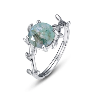 S925 sterling silver ring with natural green moss agate and vine leaf design details